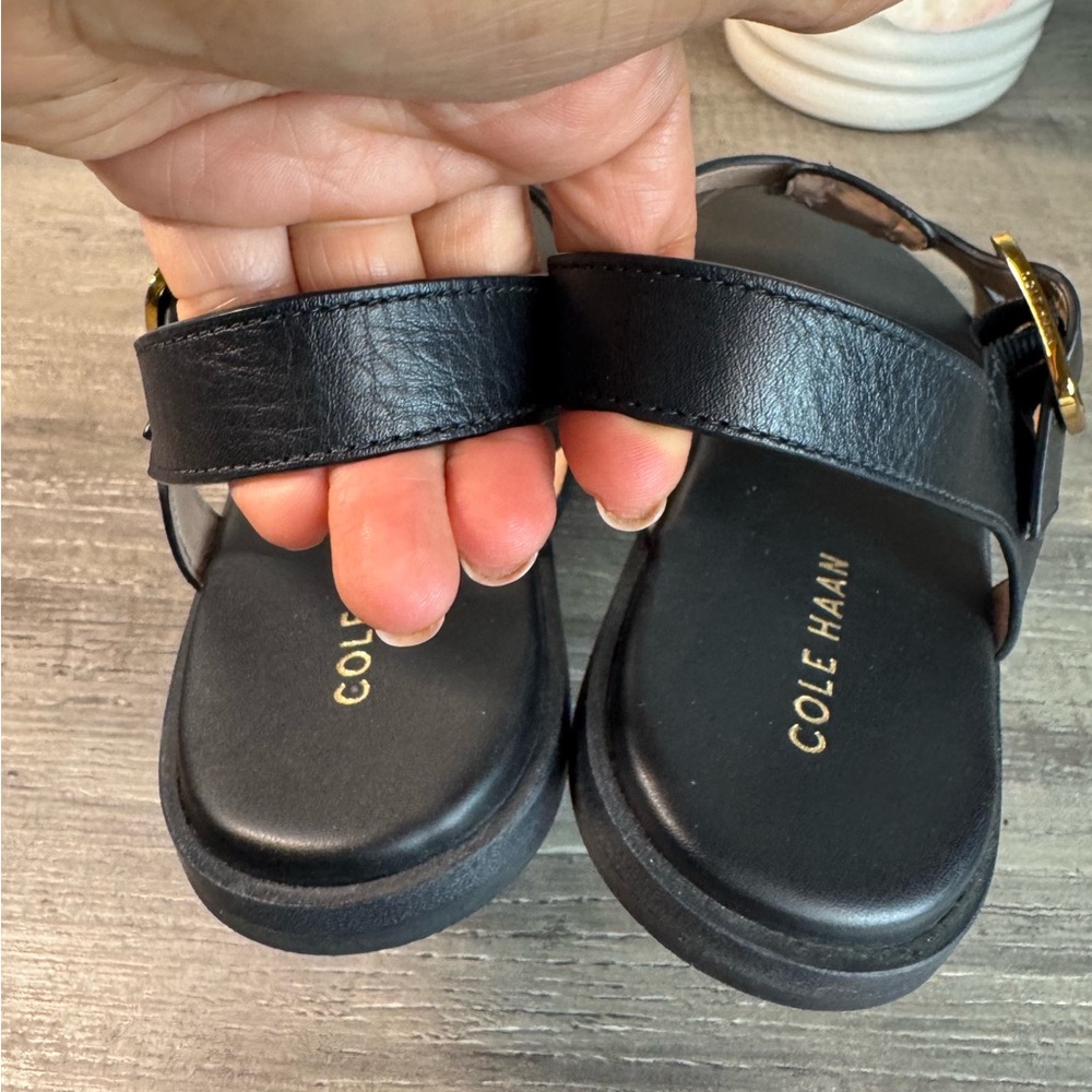 Cole Haan Black Leather Strappy Sandal with Gold Buckle Accent - Picture 7 of 11